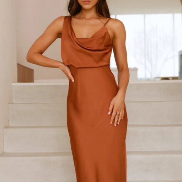Satin Asymmetrical Midi Dress | New Sleeveless Sheath Dress w/ Cowl Neck - Picture 4 of 9